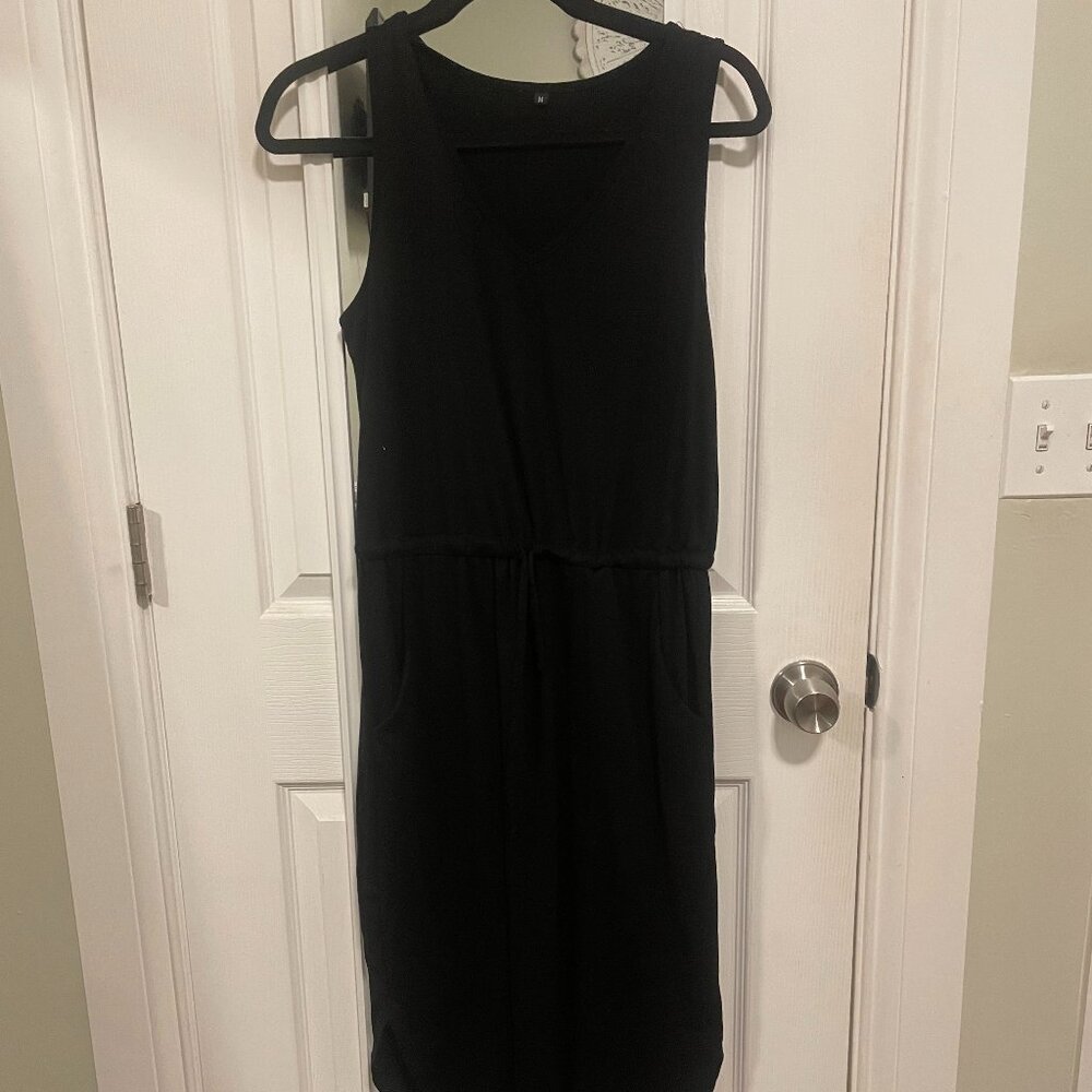 Black Tank Top Dress with Pockets Cinches at Waist